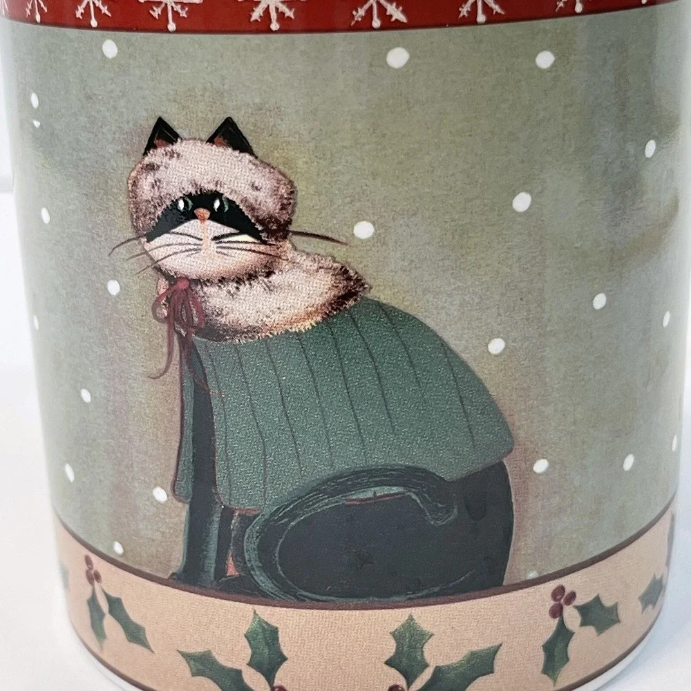 Oneida Holiday Cats Coffee Cup Mug Christmas Fiddlestix Green Sweater Holly Snow